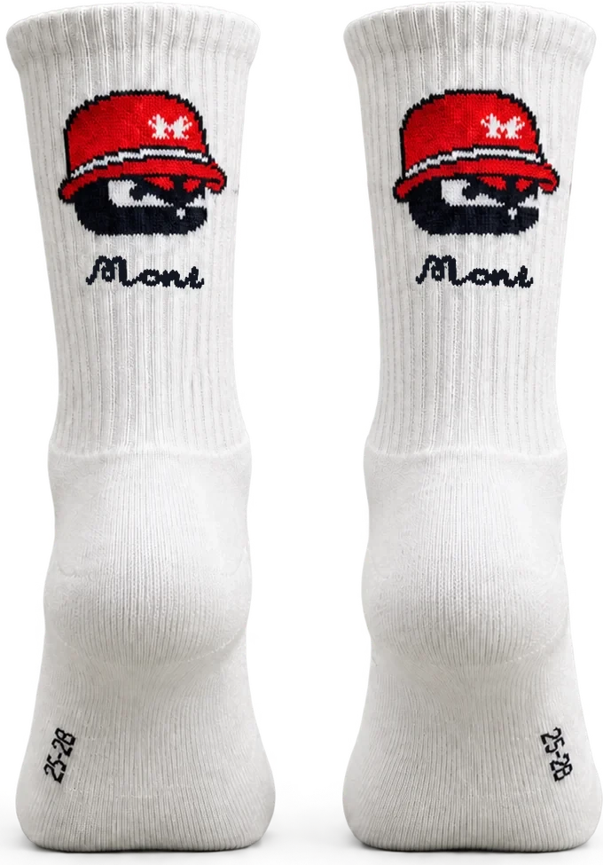 MONS red accent sports socks, product-only rear view with the full MONS logo on the cuff