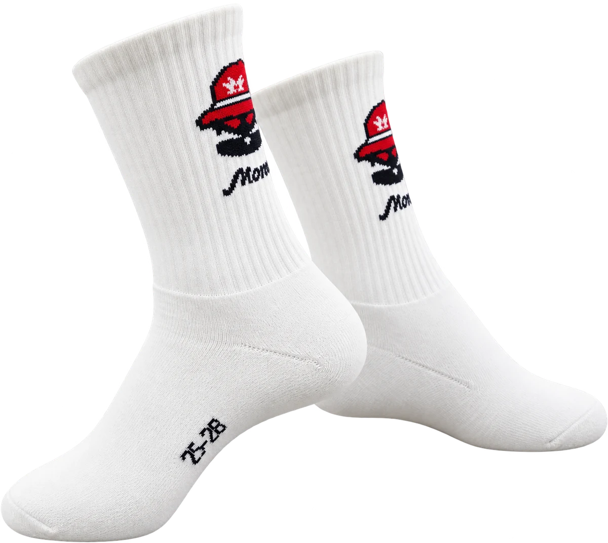MONS red accent sports socks, product-only side view where only part of the rear-cuff logo is visible